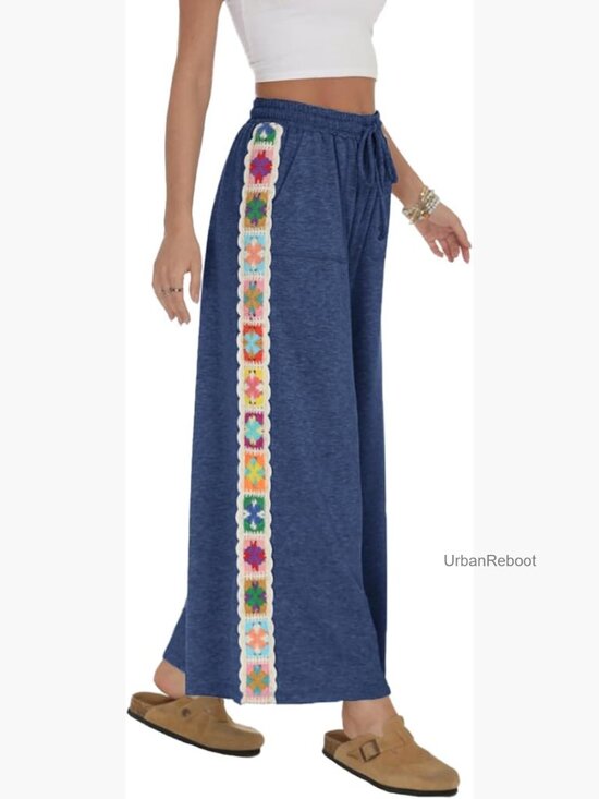 Pants - Wide Leg Stretch Sweatpants Crochet Panel Pocket Lounge Pants
